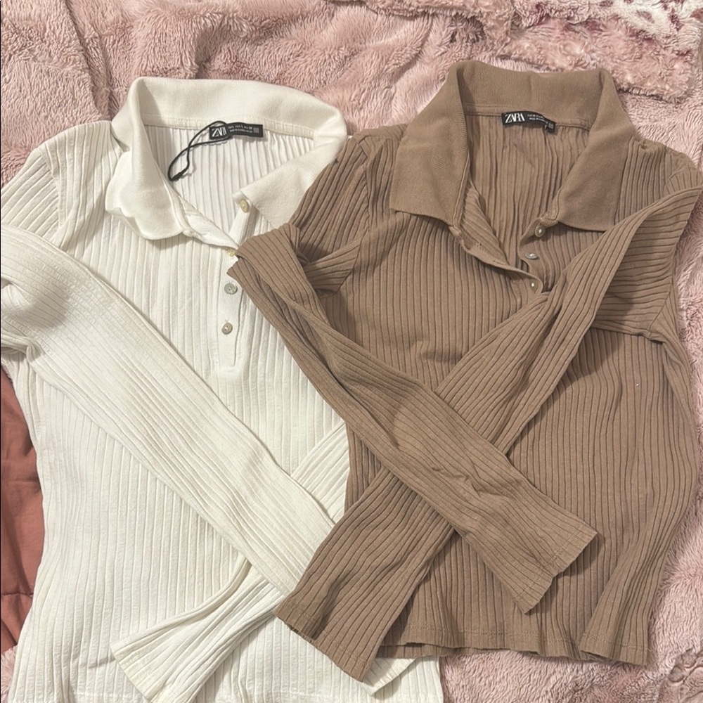 Zara Ribbed Knit Collared Tops in Cream and Tan DUO